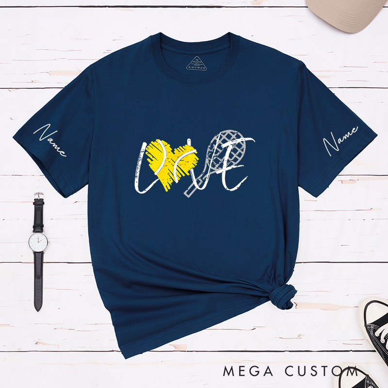 Personalized Tennis Love T-Shirt with Heart and Racket Design and Custom Name