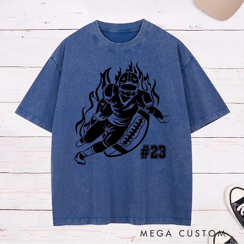 Personalized American Football Player Washed T-Shirts Featuring Custom Number for Football Action Tee