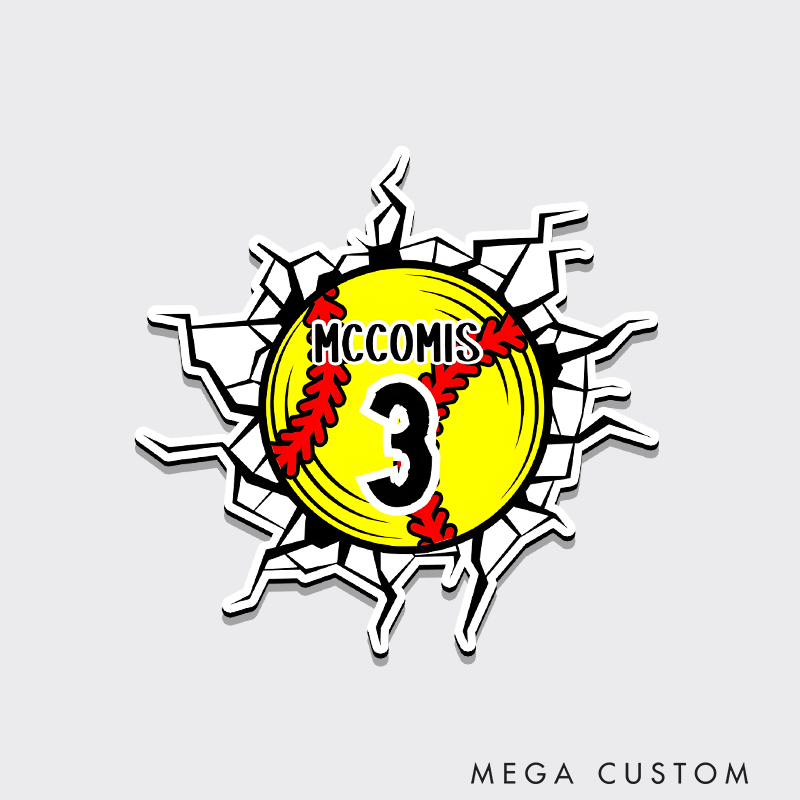 Personalized Softball Refrigerator Magnet with Custom Name Player Number and Cracked Wall Design