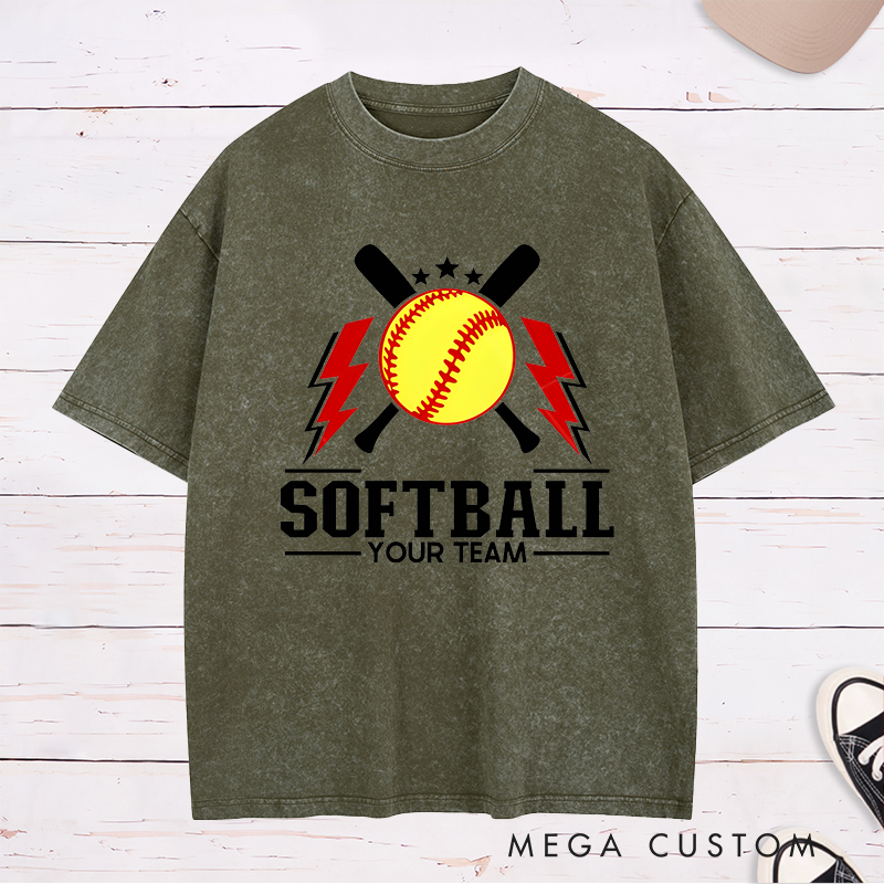 Personalized Softball Team Washed T-Shirt Design Featuring Customizable Team Name Bold Softball Graphics Crossed Bats and Striking Lightning Elements