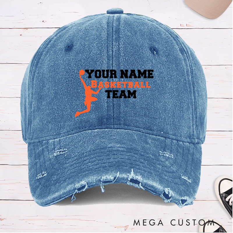 Personalized Distressed Denim Basketball Cap with Custom Name and Team Name Design