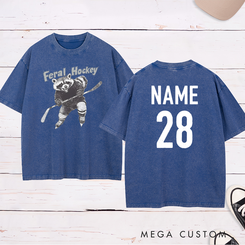 Personalized "Feral Hockey" Raccoon Washed T-Shirt with Custom Name and Number