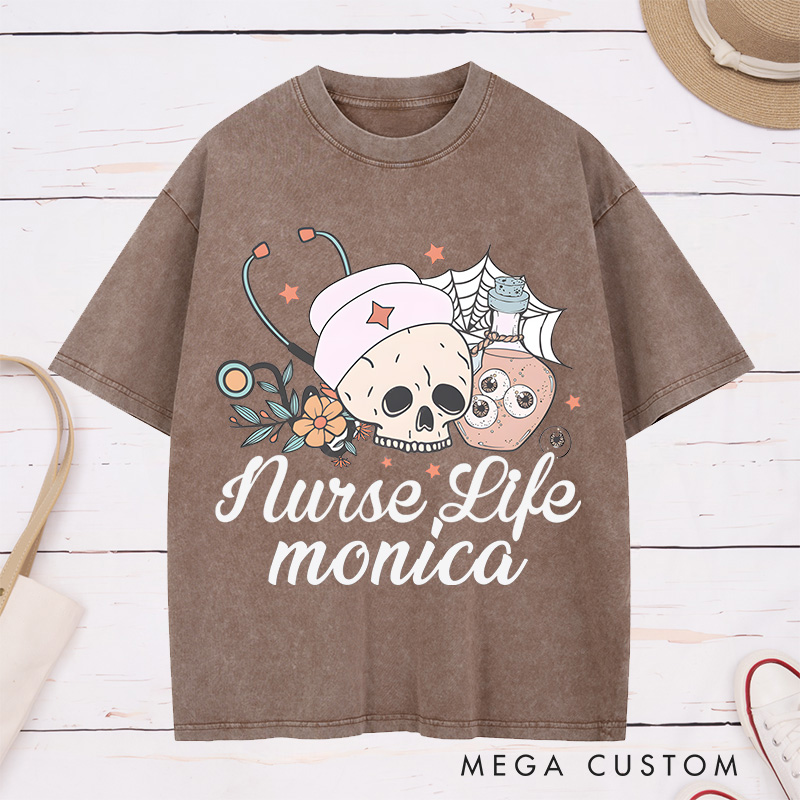 Personalized Nurse Washed T-Shirt Customized Nurse Life Design Washed T-Shirt 