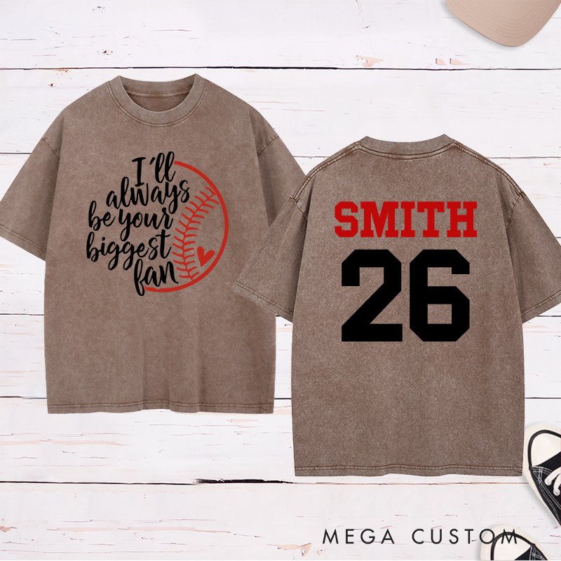 Personalized Baseball Fan Washed T-Shirt with Heartfelt Quote and Custom Name and Number