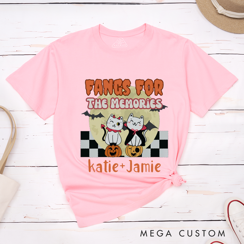 Personalized It was Love at First Bite and Fangs for the Memories Cat Design Couple Matching Halloween T-Shirt