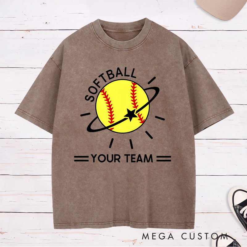 Personalized Softball Team Washed T-Shirt Design Featuring Customizable Team Name Vibrant Softball Graphic with Orbiting Star and Radiating Lines