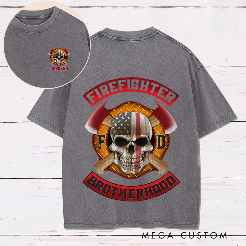 Personalized Firefighter Washed T-Shirt Firefighter Brotherhood Skull and Axes Design Unique Gift for Firefighters