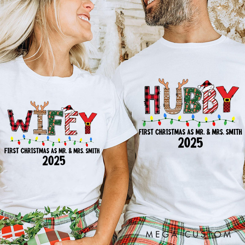 Personalized Couple Wifey and Hubby First Christmas T-Shirt Custom Newlyweds Christmas Light Shirt for Husband Wife Married Tee Tops Christmas Gift
