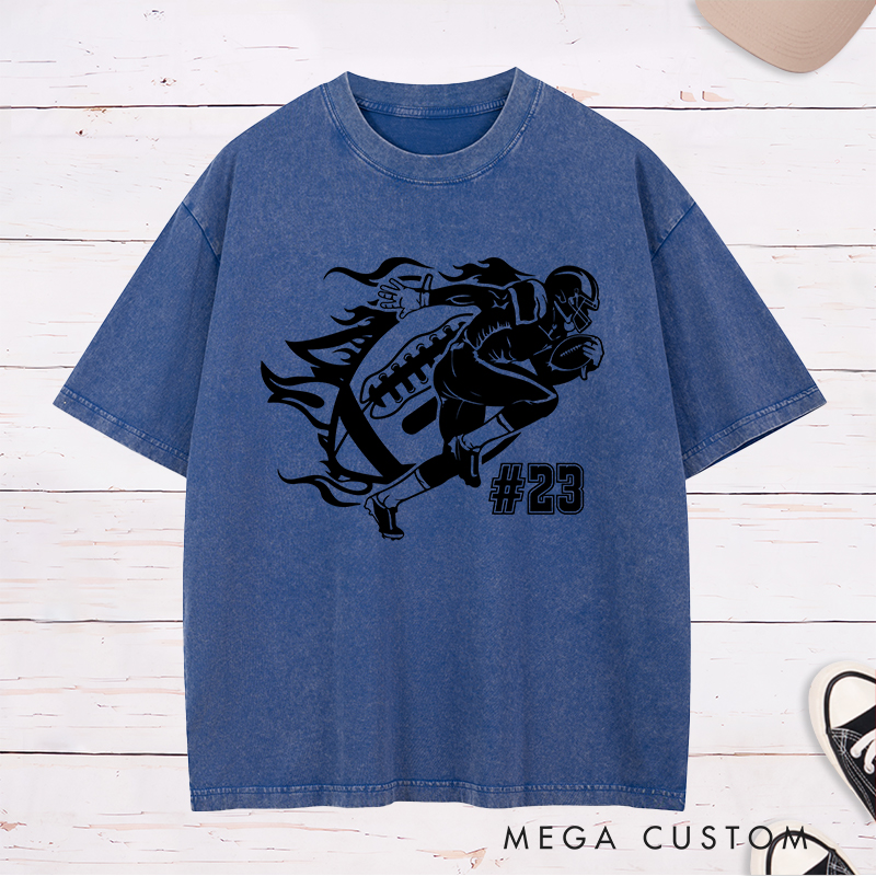 Personalized American Football Action Flames Washed T-Shirts Featuring Custom Number
