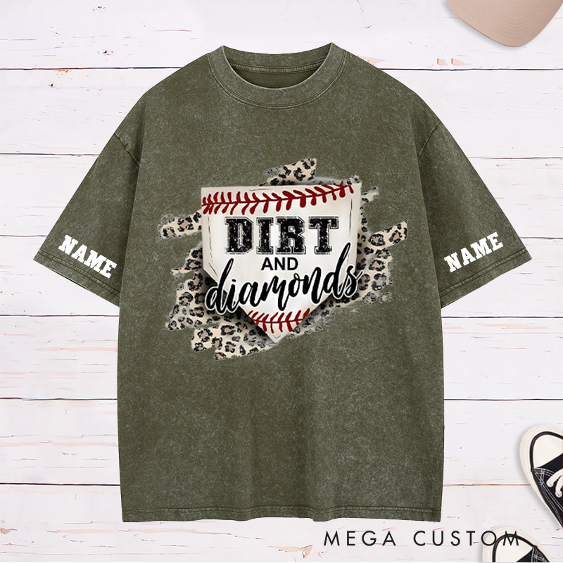 Personalized "Dirt and Diamonds" Baseball Washed T-Shirt with Custom Name and Number