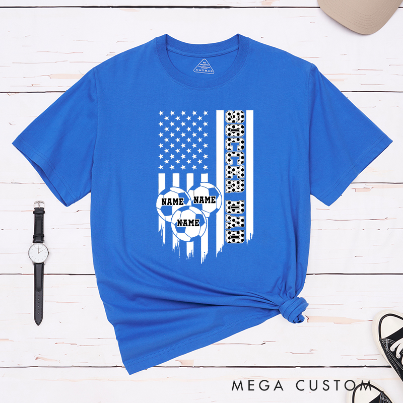 Personalized Soccer Dad T-Shirt with American Flag and Custom Name