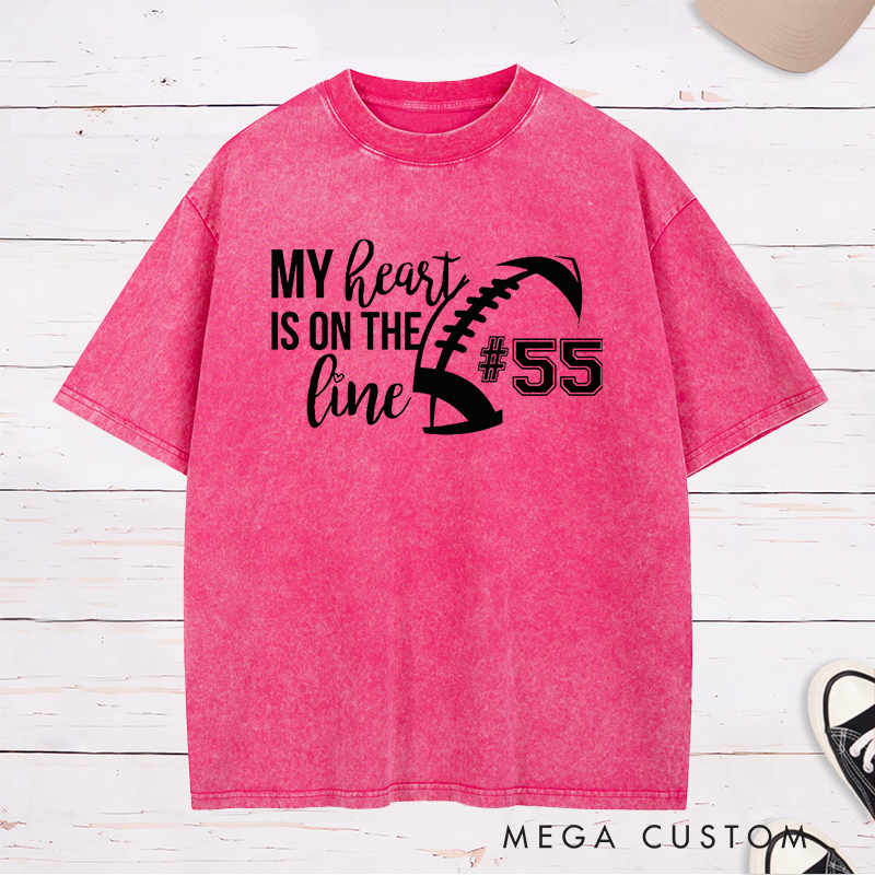 Personalized American Football and Rugby Washed T-Shirts for "My Heart is on the Line" with Custom Jersey Number