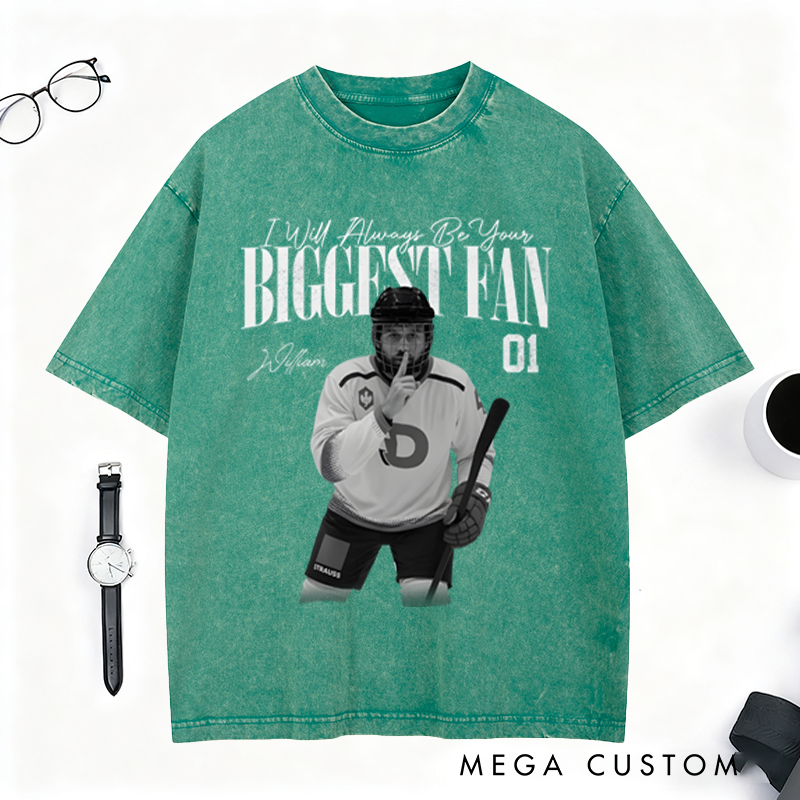 Personalized Ice Hockey Fan Washed T-Shirt with Custom Player Image, Name, and Number