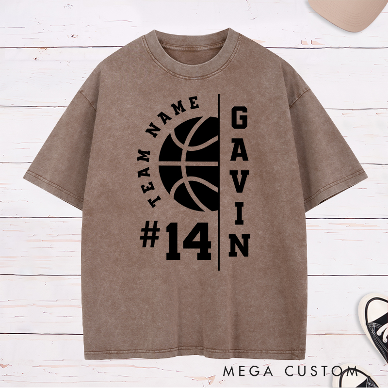 Personalized Washed T-Shirt Design Featuring Customizable Team Name Player Name and Number with Bold Basketball Graphics