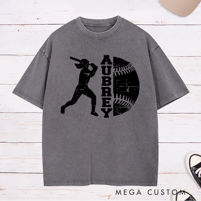 Personalized Softball Player Washed T-Shirt Design Featuring Batter Silhouette Distressed Softball Graphic and Customizable Name Text