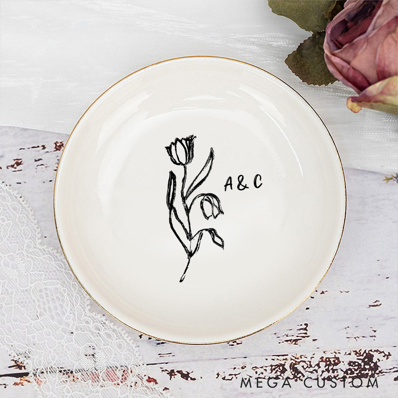 Personalized Artistic Floral Tulip Initials with Date Wedding Engagement Gold-Trimmed Ring Dishes