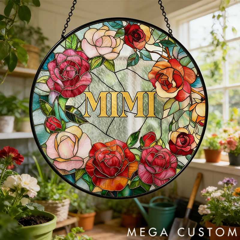 Personalized Floral Glass Suncatcher for Grandma, Mimi Nana Flower Window Hanging, Grandmother Christmas Gift from Grandkids, Birthday Gift