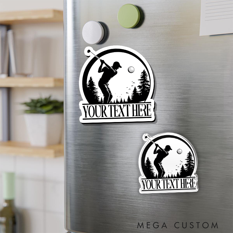Personalized Golf Refrigerator Magnet with Custom Text Golfer Silhouette and Scenic Background Design