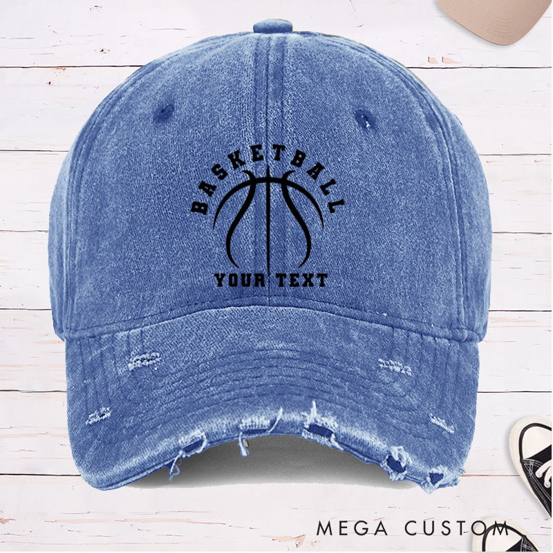 Personalized Distressed Denim Basketball Cap with Custom Text and Basketball Graphic Design