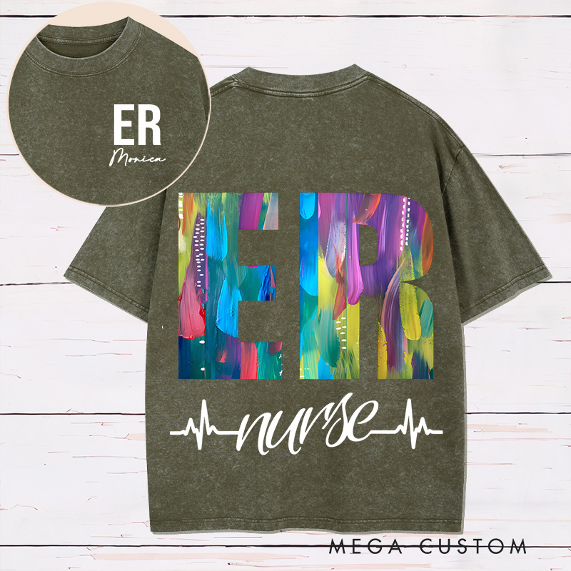 Personalized Two Sides Printed Washed T-Shirt Customized ER Nurse Vibrant Artistic Design Washed T-Shirt 