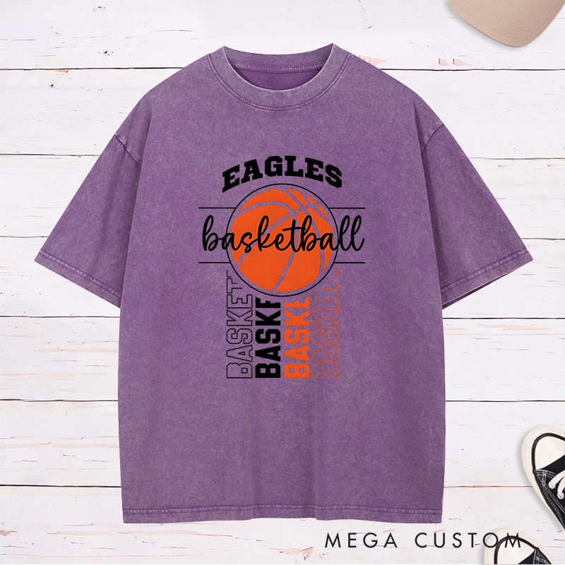 Personalized Washed T-Shirt Design Featuring Bold Basketball Graphics and Customizable Team Name