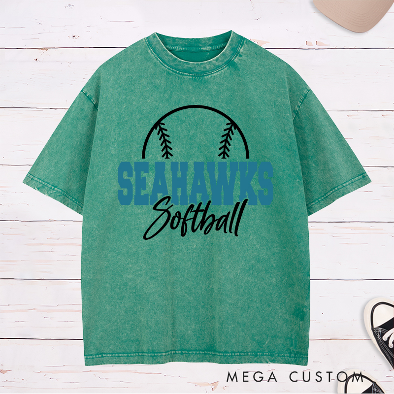 Personalized Softball Team Washed T-Shirt Design Featuring Bold Block Team Name Text Stylish Script Font for Softball and Minimalist Softball Graphic Outline