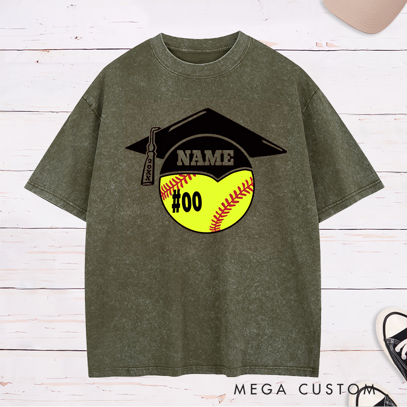 Personalized Graduation Softball Washed T-Shirt Design Featuring Custom Name Player Number Graduation Cap and Bat Graphic