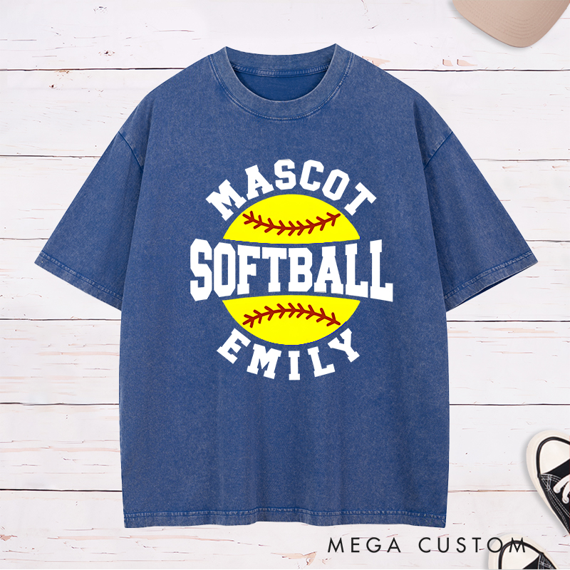 Personalized Softball Washed T-Shirt Design Featuring Custom Team Name Player Name Bold Typography and Vibrant Softball Graphic