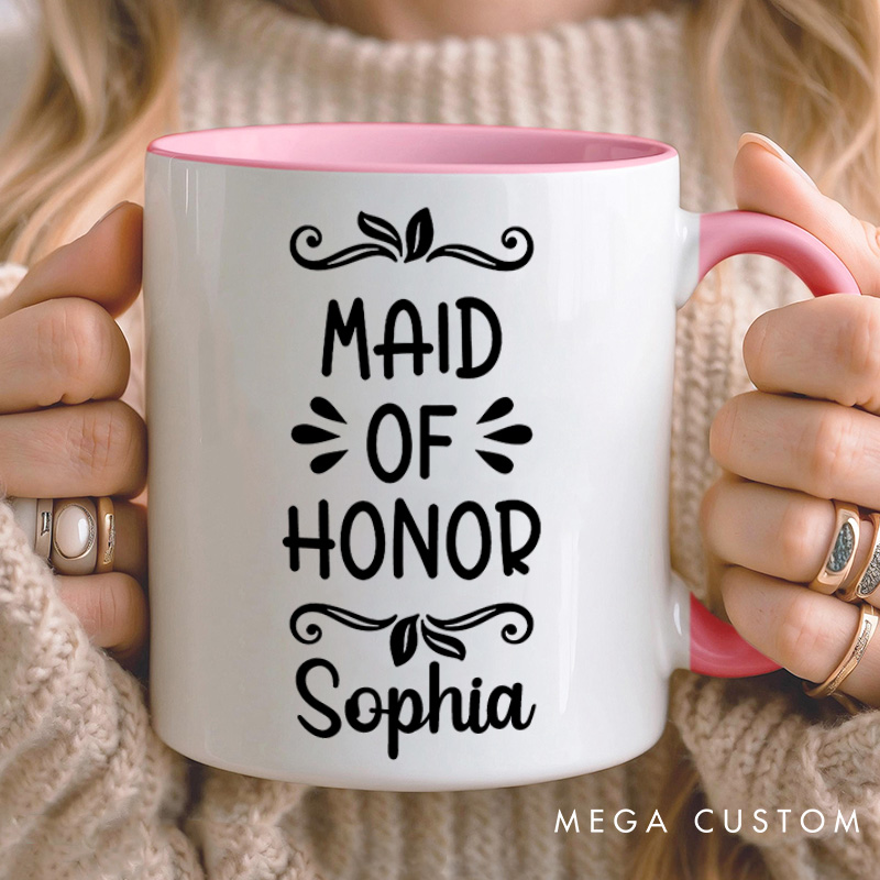 Personalized Maid of Honor with Wreath Leaves Mug Bridesmaid Mug with Name Bachelorette Party Mug Bridesmaid Proposal Gift Bridal Shower Mug