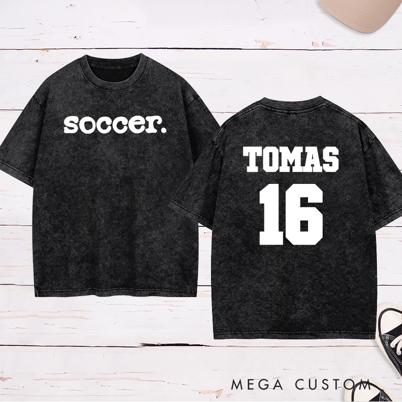 Personalized Minimalist Soccer Washed T-Shirt with Custom Name and Number