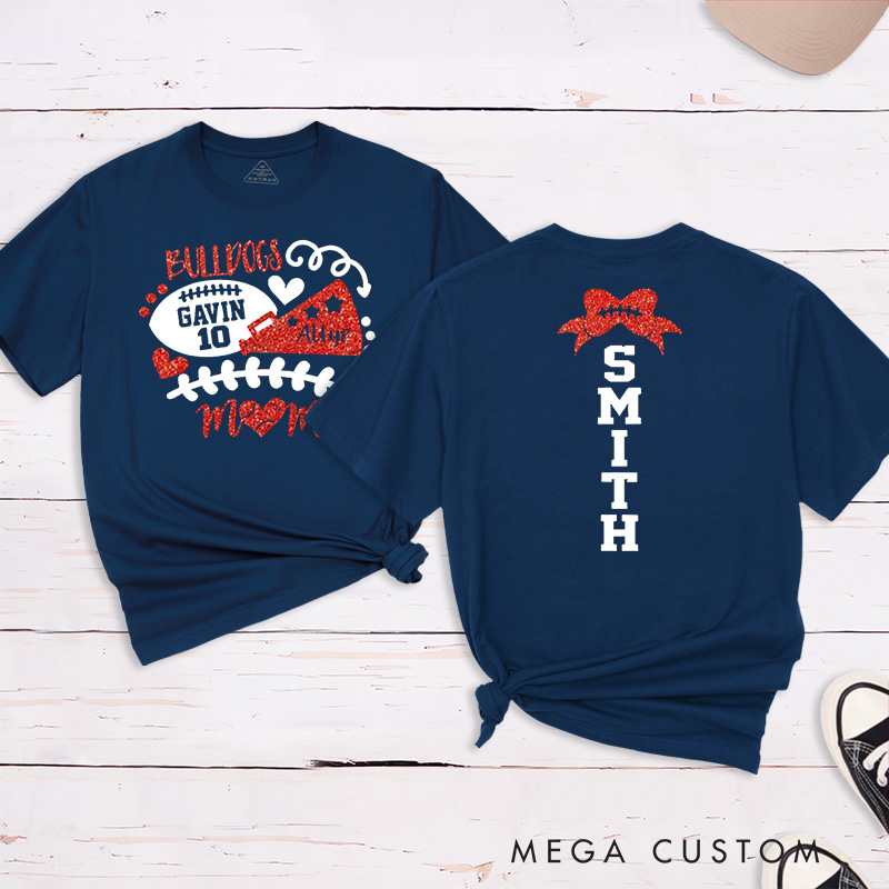 Personalized Glitter American Football and Rugby Cheer Mom T-Shirt with Custom Name and Number