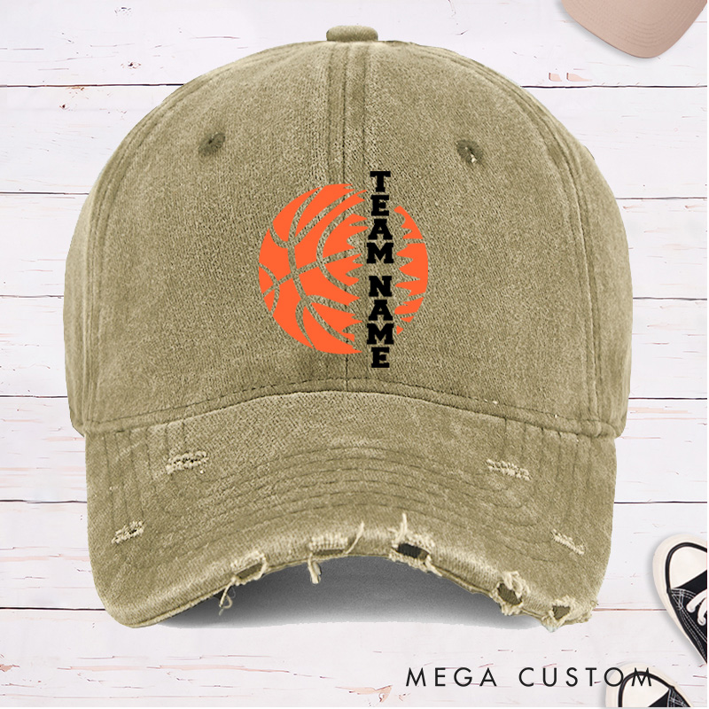 Personalized Distressed Denim Basketball Cap with Vertical Custom Team Name Design