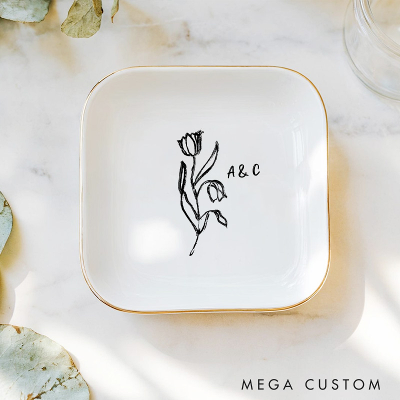 Personalized Artistic Floral Tulip Initials with Date Wedding Engagement Gold-Trimmed Ring Dishes