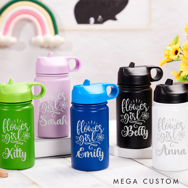 Personalized Flower Girl with Hearts and Flowers Wedding 12oz Engraved Kids Water Bottle with Straw