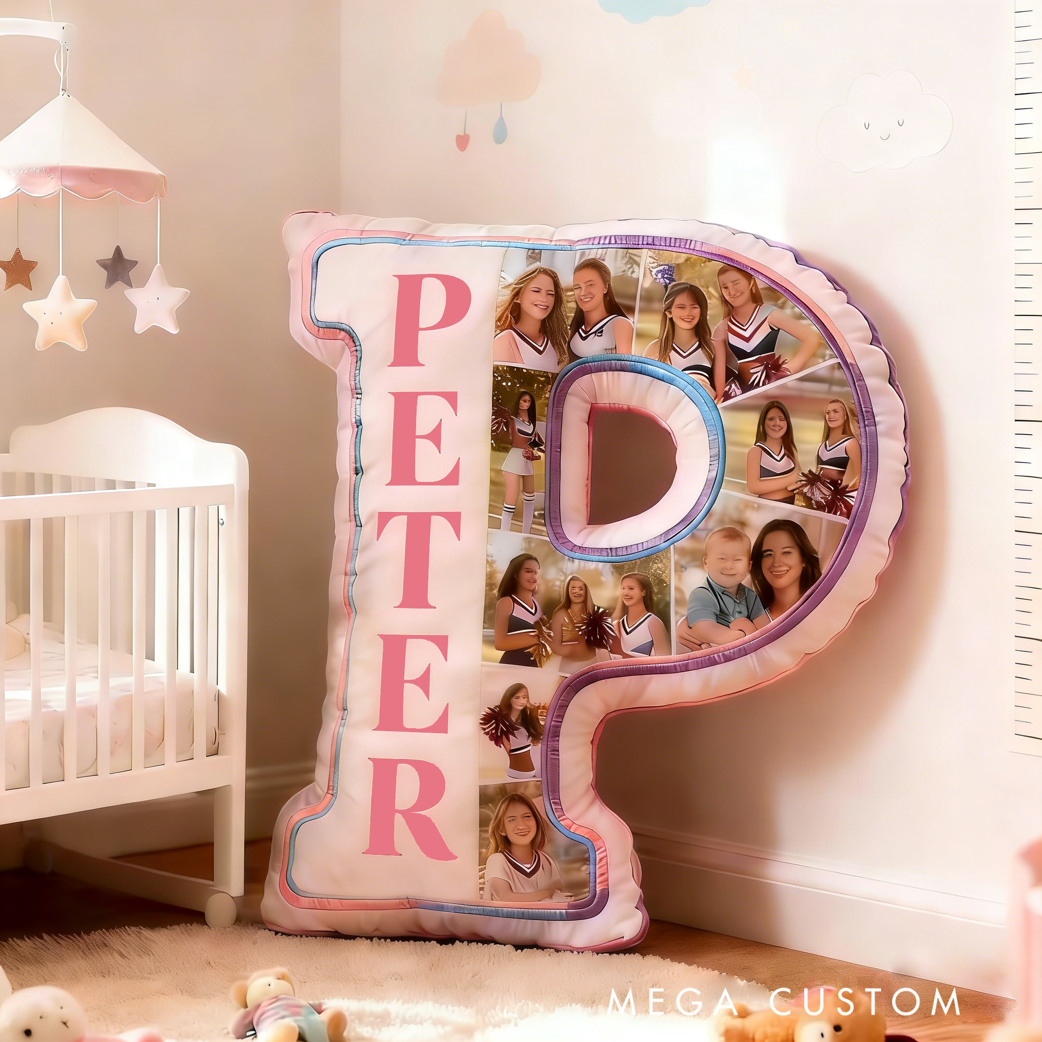 Personalized Cheerleader Photo Collage Initial Pillow with Custom Name for Family and Friends