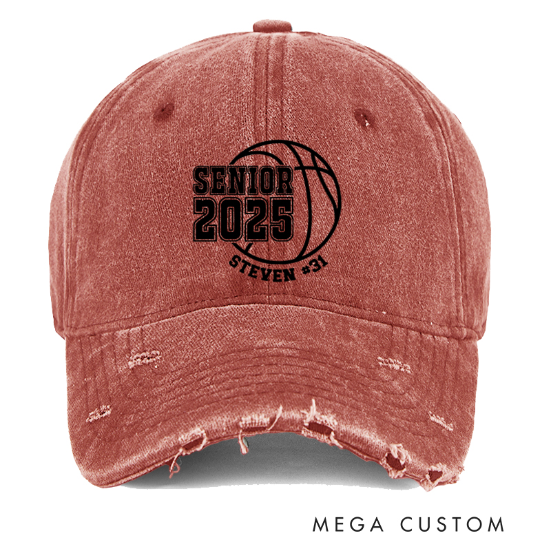 Personalized Distressed Denim Basketball Cap for Seniors with Graduation Year Name and Number Design