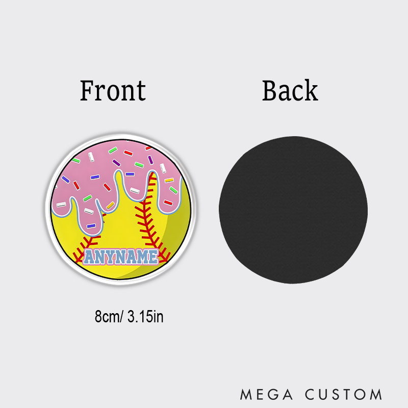 Personalized Softball Refrigerator Magnet with Custom Name Pink Dripping Icing and Sprinkles Design
