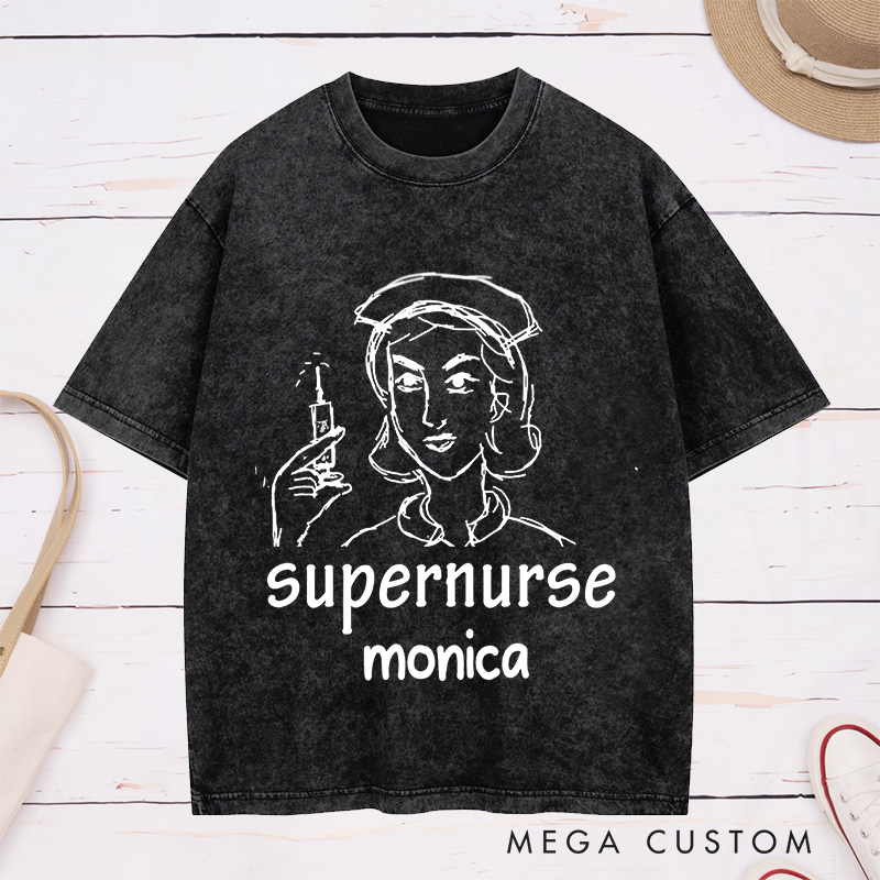 Personalized Nurse Washed T-Shirt Customized Supernurse Design Washed T-Shirt 