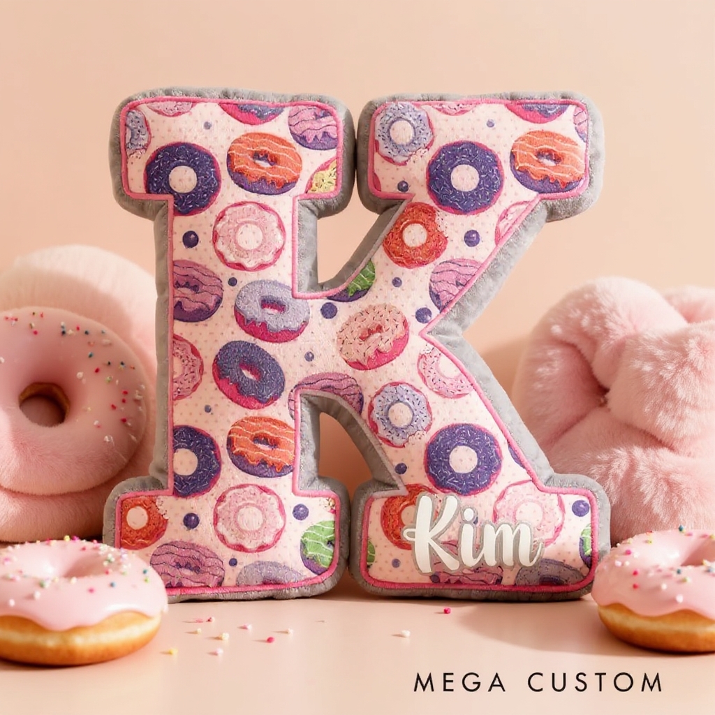 Personalized Donut Themed Letter Shaped Pillow Custom Name Design Gift