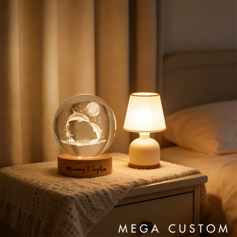 Personalized Dolphin Crystal Ball Night Light LED Wooden Base Table Lamp