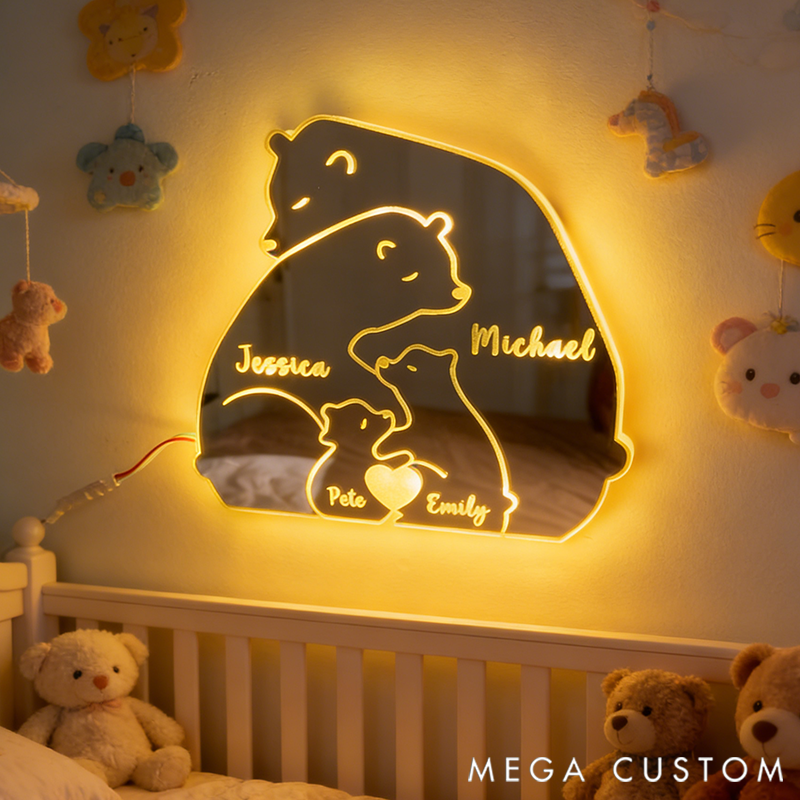 Personalized Heart Name Bear Family LED Mirror Light