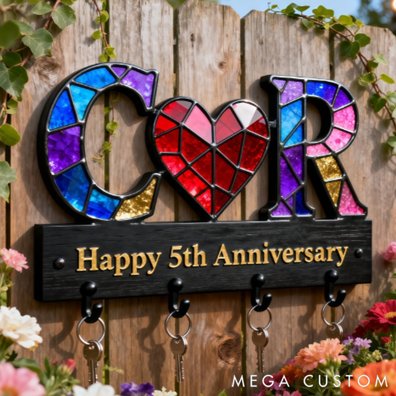 Personalized Key Holder with Initials Heart Couple Anniversary