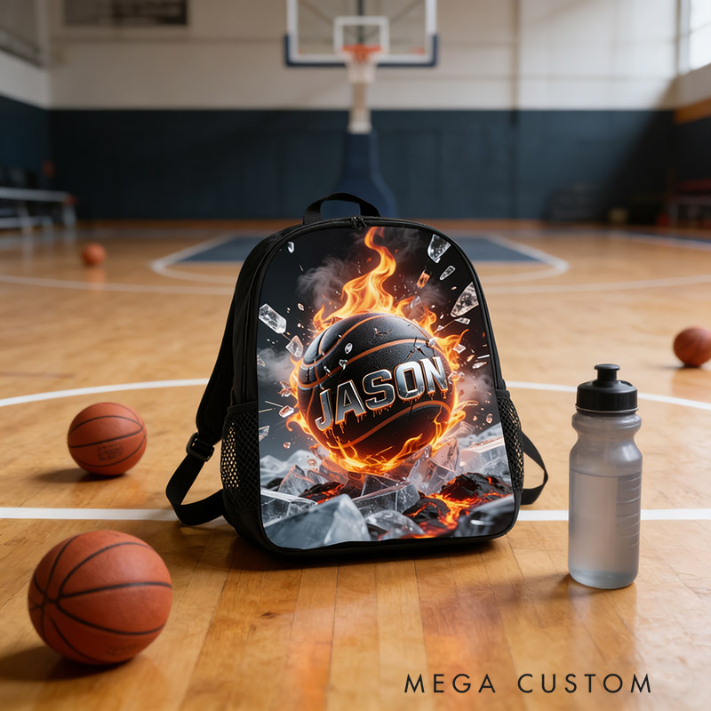 Personalized Basketball Backpack with Fiery Design and Custom Name for Kids and Basketball Lovers Black to School Gift