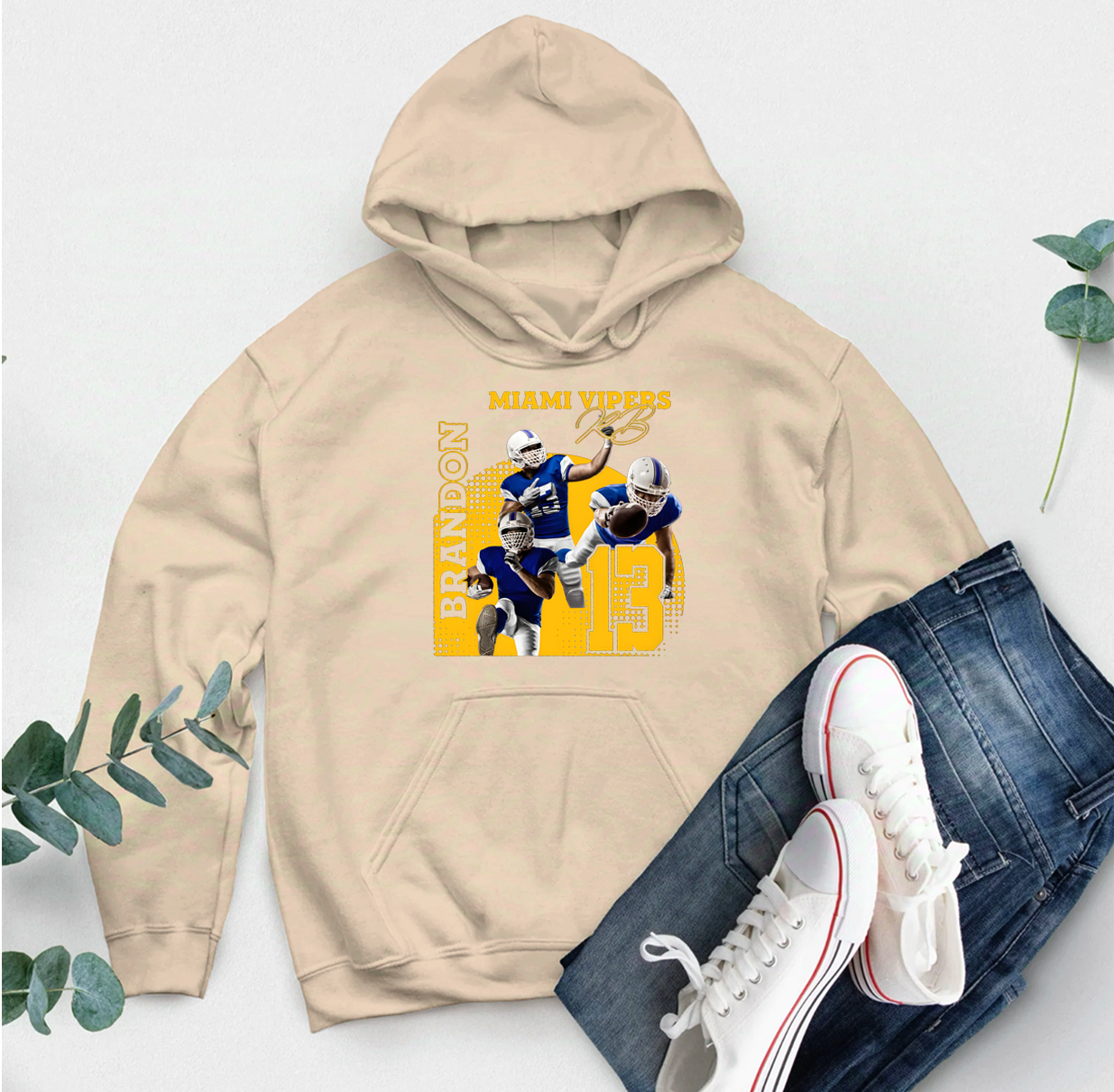 Personalized American Football Hoodie with Custom Photo, Name, Team Name, and Number Design