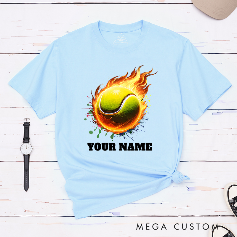 Personalized Tennis T-Shirt with Flaming Ball and Custom Name 