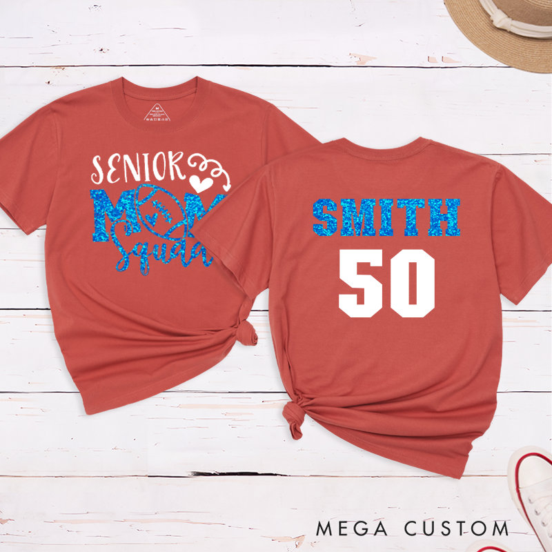 Personalized American Football and Rugby Glitter Senior Mom T-Shirts with Custom Name and Number