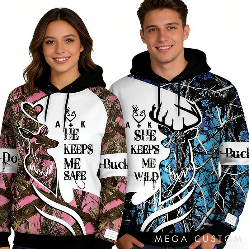 Personalized He Keeps Me Safe She Keeps Me Wild Couple Over Print Matching 3D Hoodie Valentine Gift for Couple 