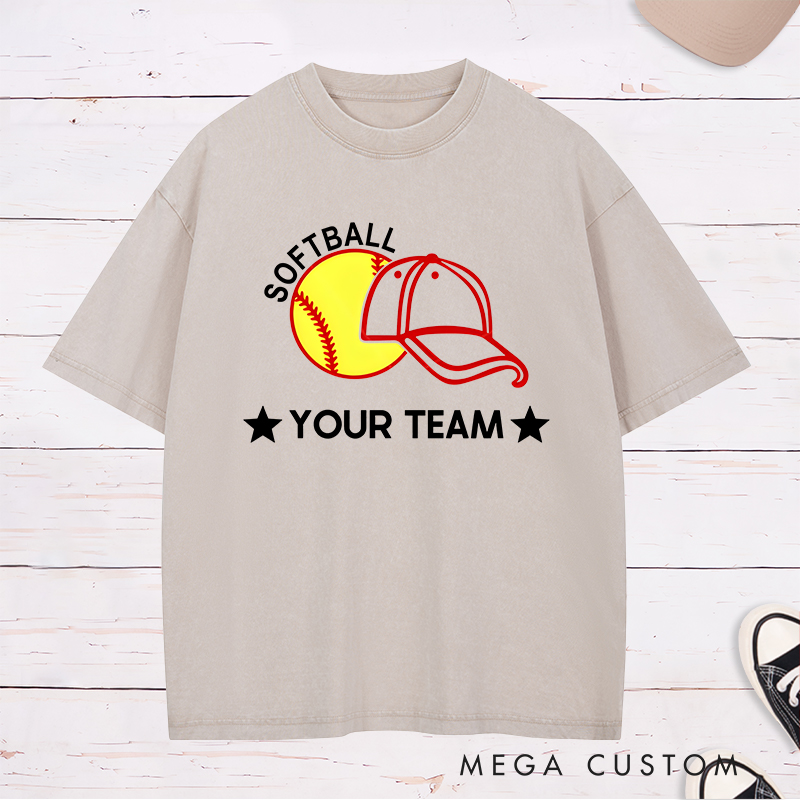 Personalized Softball Team Washed T-Shirt Design Featuring Customizable Team Name Bold Softball Graphic and Baseball Cap Element