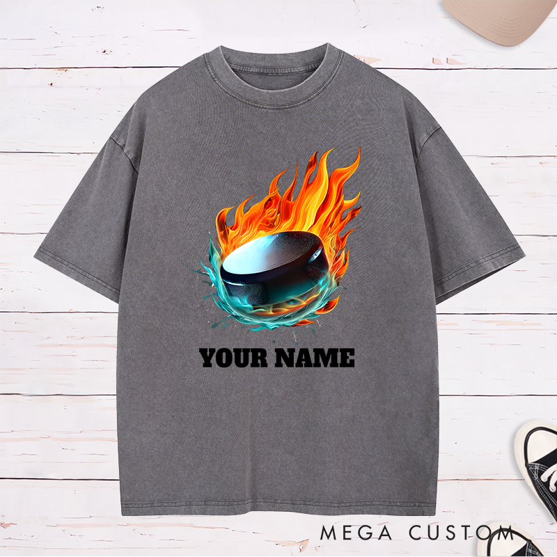 Personalized Flaming Hockey Puck Washed T-Shirt with Custom Name  