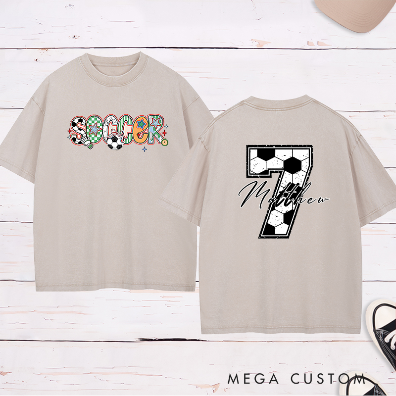 Personalized Soccer Washed T-Shirt with Colorful Patterned Lettering and Custom Name and Number